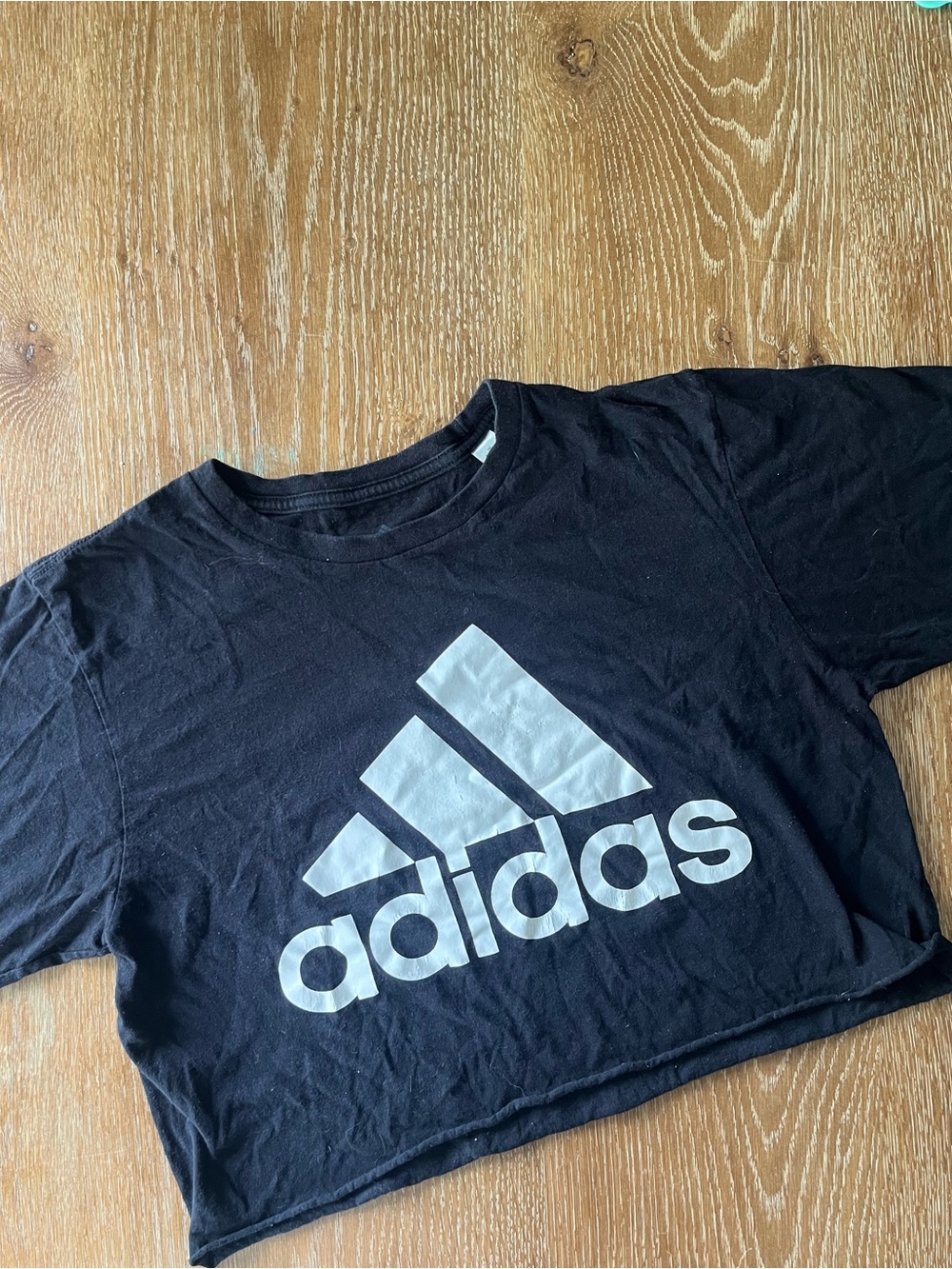 adidas Black Cropped Tee with White Trefoil Logo
